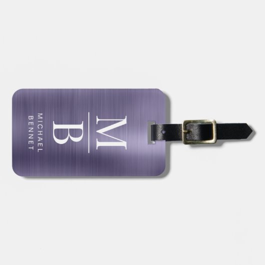 Elegante Mit Monogramm Lila gebürstete Metallic Gepäckanhänger (Vorderseite horizontal)