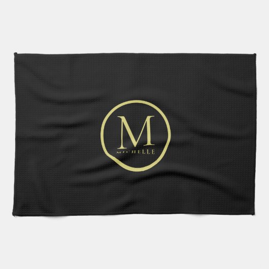 Elegante Mit Monogramm Namensvorlage schwarz und g Geschirrtuch (Horizontal)