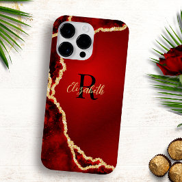 Elegante Mit Monogramm Red Black Gold Agate Girly Case-Mate iPhone 14 Pro Max Hülle