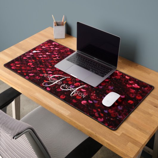 Elegante Mit Monogramm Red Sequins Desk Mat Schreibtischunterlage (Büro 2)