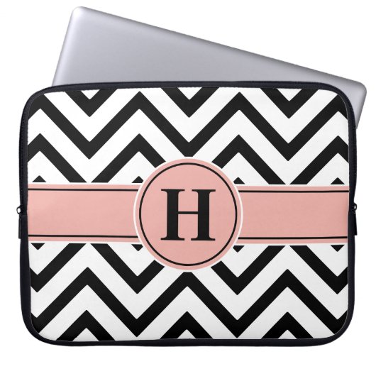 Elegante Mit Monogramm Rose Rosa und Schwarz Zickz Laptopschutzhülle (Vorderseite)