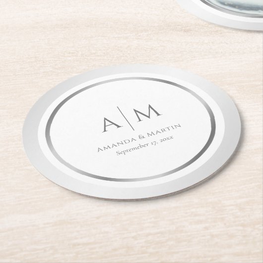 Elegante Mit Monogramm Silver Wedding Paper Unters Runder Pappuntersetzer (Angewinkelt)