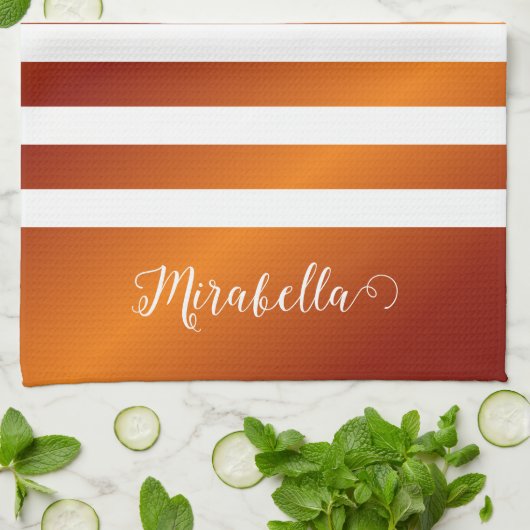 Elegante Mit Monogramm Streifen in Orange und Weiß Geschirrtuch (Gefaltet)