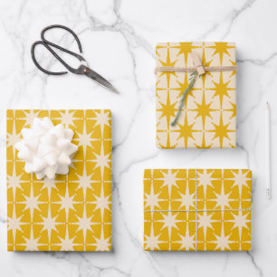 Elegante mittelalterliche Atomsterne in Senfgelb Geschenkpapier Set