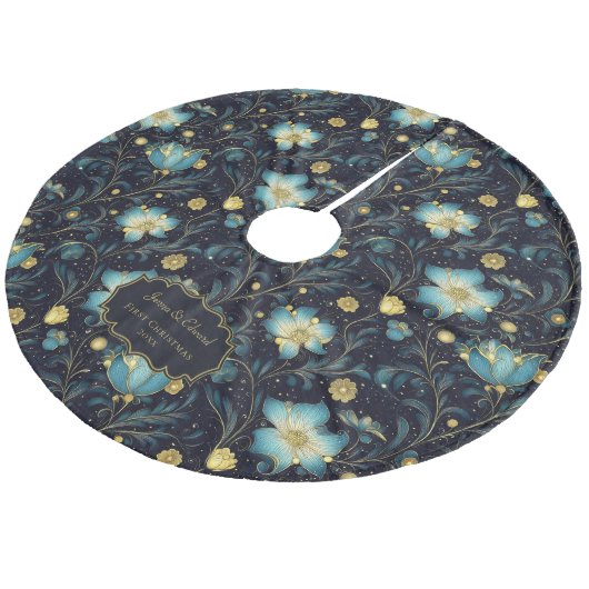 Elegante Mitternacht Blue & Gold Floral Personalis Fleece Weihnachtsbaumdecke (Schrägansicht)