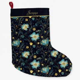 Elegante Mitternacht Blue & Gold Floral Personalis Großer Weihnachtsstrumpf