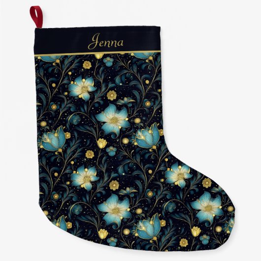 Elegante Mitternacht Blue & Gold Floral Personalis Großer Weihnachtsstrumpf (Vorderseite)