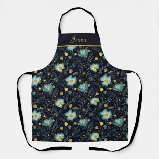 Elegante Mitternacht Blue & Gold Floral Personalis Schürze (Vorderseite)