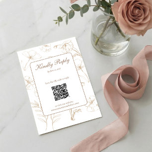 Elegante Mocha-Blumen-Linienkunst QR-Code-Hochzeit RSVP Karte