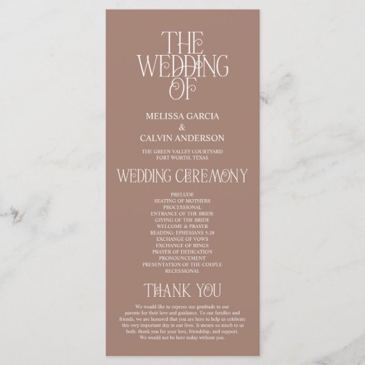 Elegante Mocha-Mousse-Typografie Hochzeitsprogramm Programm (Vorderseite)