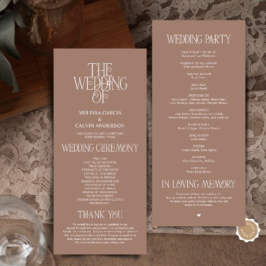 Elegante Mocha-Mousse-Typografie Hochzeitsprogramm Programm