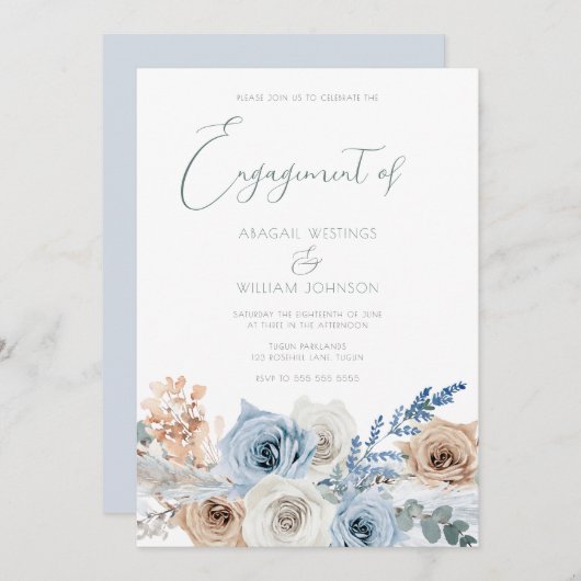 Elegante Modern Boho Blue Engagement Party Einladung (Vorne/Hinten)