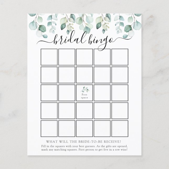 Elegante Modern Eucalyptus Bridal Bingo Game Card (Vorderseite)