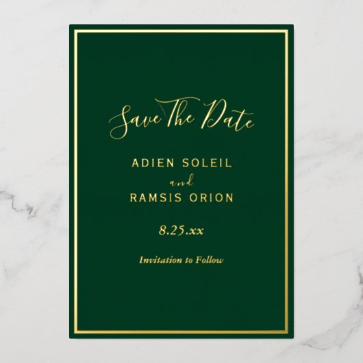 Elegante Modern Green Gold Foil Save the Date Kart Folieneinladung (Vorderseite)