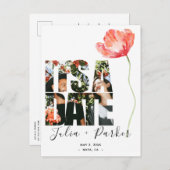 Elegante Modern Poppy Red Wedding Speichern Sie da Ankündigungspostkarte (Vorne/Hinten)