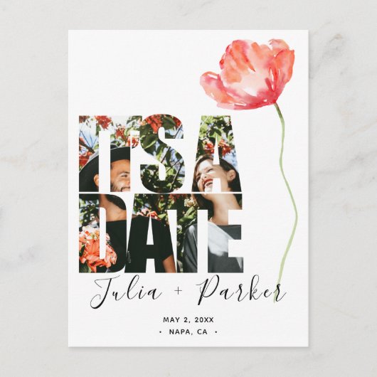 Elegante Modern Poppy Red Wedding Speichern Sie da Ankündigungspostkarte (Vorderseite)