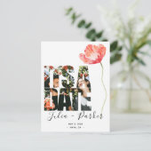 Elegante Modern Poppy Red Wedding Speichern Sie da Ankündigungspostkarte (Stehend Vorderseite)
