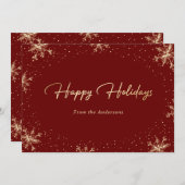 Elegante Modern Red Gold Snowflake Feiertagskarte (Vorne/Hinten)