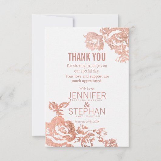 Elegante Modern Rose Gold Blumenkarten Dankeskarte (Vorderseite)