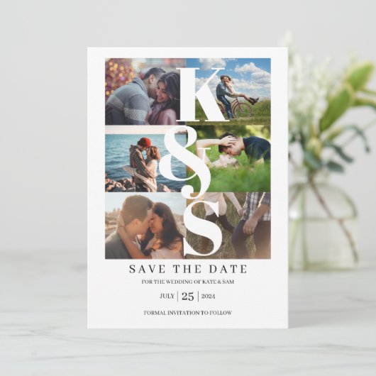 Elegante Modern Simple Foto Collage Name Initials Save The Date (Stehend Vorderseite)