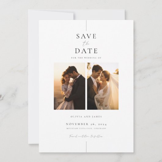 Elegante moderne 4-Foto Hochzeit retten das Datum Einladung (Rückseite)