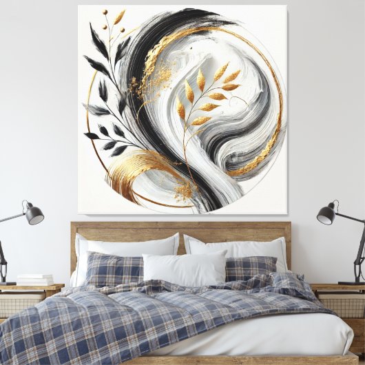 Elegante Moderne Abstrakt-Schwarz-weiß- und Gold- Leinwanddruck (Insitu (Schlafzimmer))