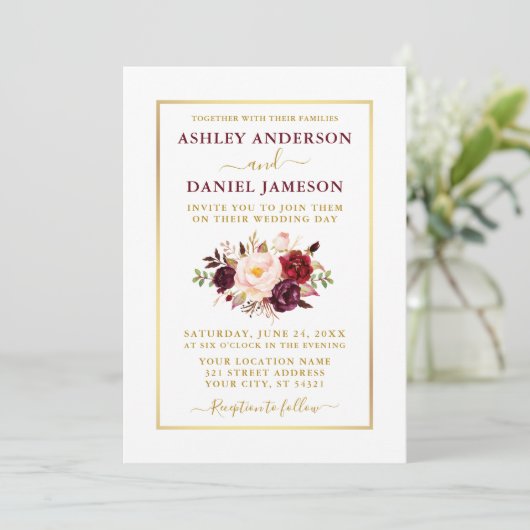 Elegante Moderne Aquarellfarben Burgundy Hochzeit Einladung (Stehend Vorderseite)