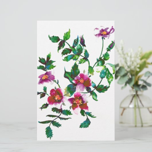 Elegante moderne Aquarellfarben, dunkelrosa Wildbl Briefpapier (Stehend Vorderseite)