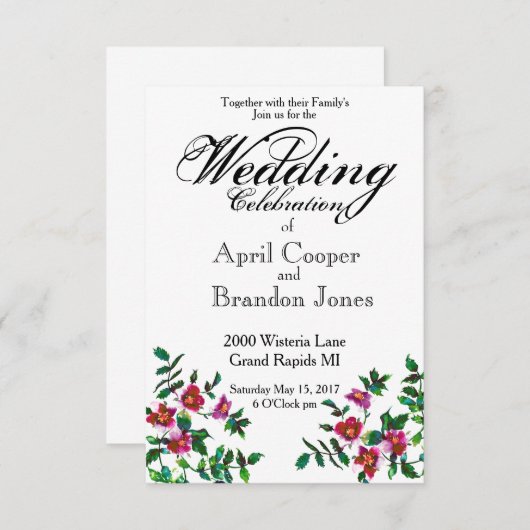 Elegante moderne Aquarellfarben, dunkelrosa Wildbl Einladung (Vorne/Hinten)