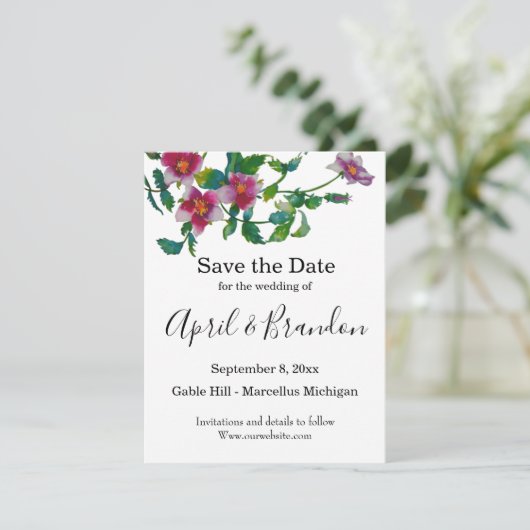 Elegante moderne Aquarellfarben, dunkelrosa Wildbl Save The Date (Stehend Vorderseite)