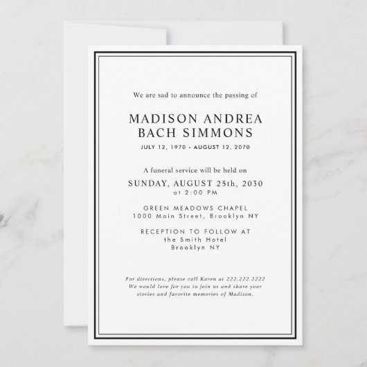 Elegante Moderne Beerdigung Einladung (Vorderseite)