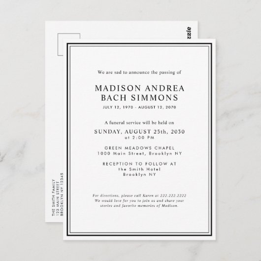 Elegante Moderne Beerdigung Postkarte (Vorne/Hinten)