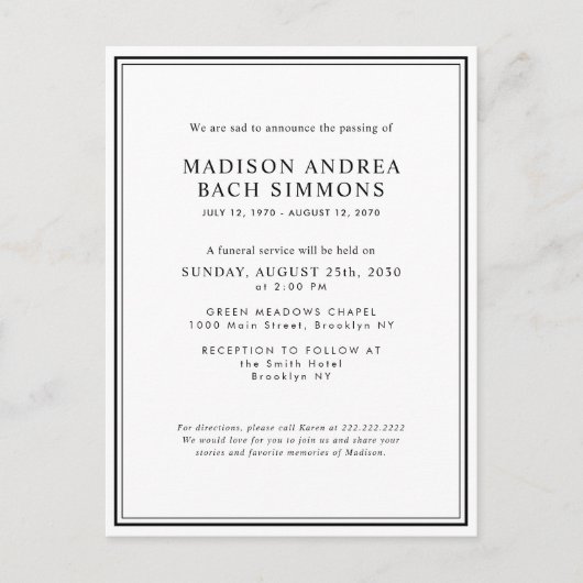 Elegante Moderne Beerdigung Postkarte (Vorderseite)