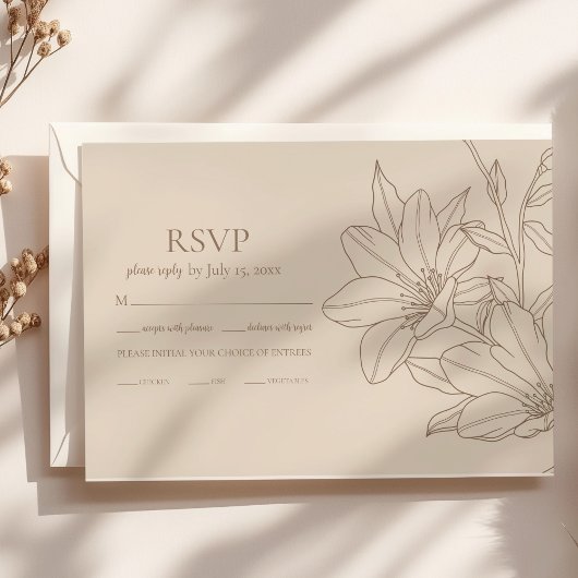 Elegante Moderne Beige Lineart Floral Wedding RSVP Karte