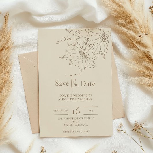 Elegante Moderne Beige Lineart Floral Wedding Save The Date