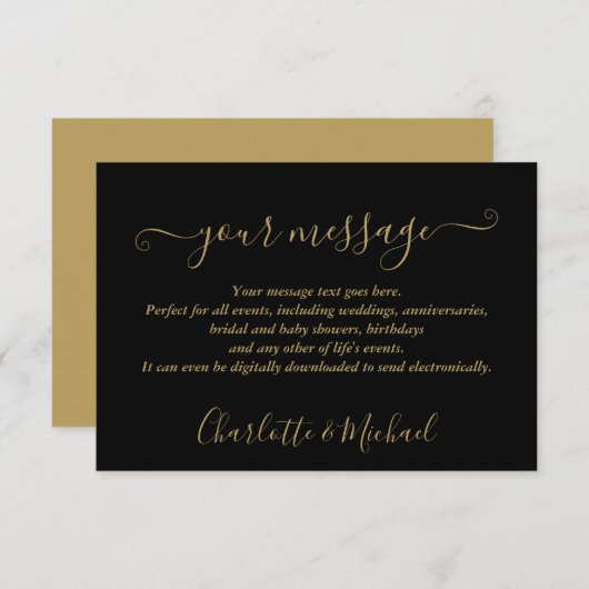 Elegante moderne Black and Gold Event Message Card Ankündigung (Vorne/Hinten)