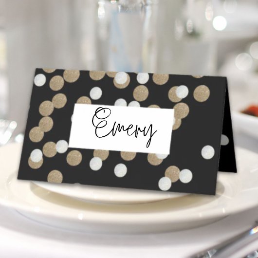 elegante, moderne Black Gold Confetti Platzkarte