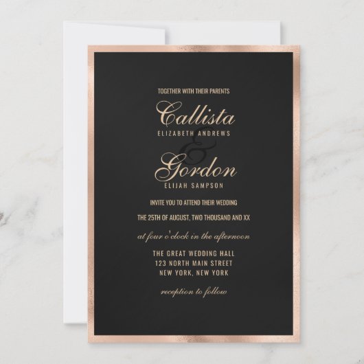 Elegante moderne Black Gold Metallic Border Weddin Einladung (Vorderseite)