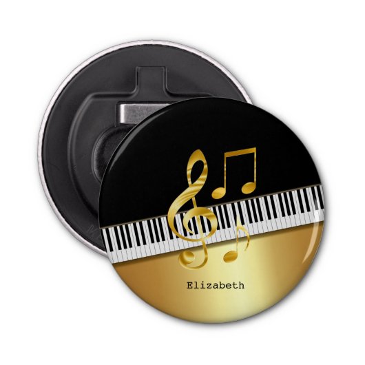 Elegante moderne Black Gold Musiknoten, Piano Keys Flaschenöffner (Vorderseite)