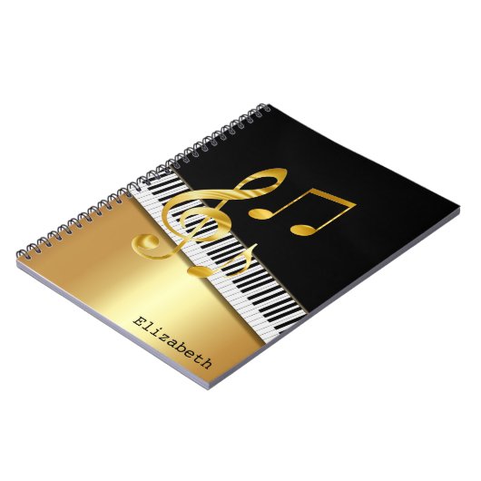 Elegante moderne Black Gold Musiknoten, Piano Keys Notizblock (Linke Seite)