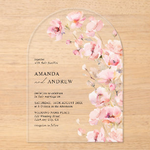 Elegante moderne blassrosa florale Foto-Hochzeit Acryleinladungen