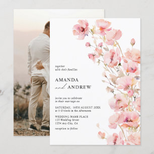 Elegante moderne blassrosa florale Foto-Hochzeit Einladung
