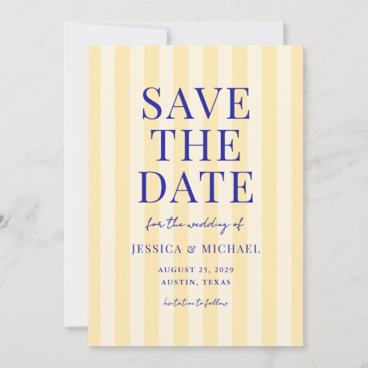 Elegante, moderne, blau-gelb gestreifte Hochzeit Save The Date (Vorderseite)