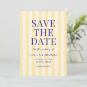 Elegante, moderne, blau-gelb gestreifte Hochzeit Save The Date (Stehend Vorderseite)