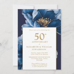 Elegante moderne blaue Blumen zum 50. Hochzeitstag Einladung