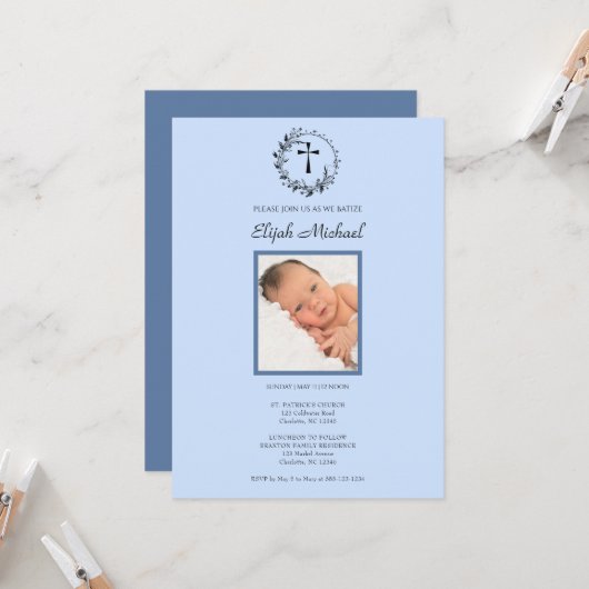 Elegante Moderne Blaue Foto Taufe Einladung (Vorderseite/Rückseite Beispiel)
