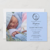Elegante Moderne Blaue Foto Taufe Einladung (Vorderseite)