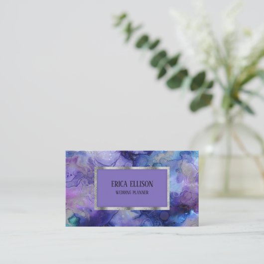 Elegante Moderne Blaue Lila Silberhochzeit Visitenkarte (Stehend Vorderseite)