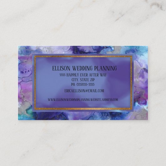 Elegante Moderne Blaue Lila Wasserfarbenhochzeit Visitenkarte (Rückseite)