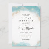 Elegante Moderne Blaue Wasserfarben Hochzeit Gold Einladung (Vorderseite)